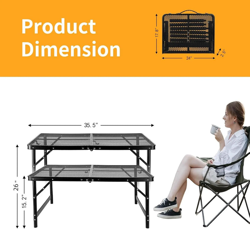Camping Table 3FT Grill Table Foldable Folding Picnic Portable Stand Mesh 2 Height Adjustable Outdoor Card BBQ RV Black 35.5×23.6 ×26 inch by GreenHaven Gardens
