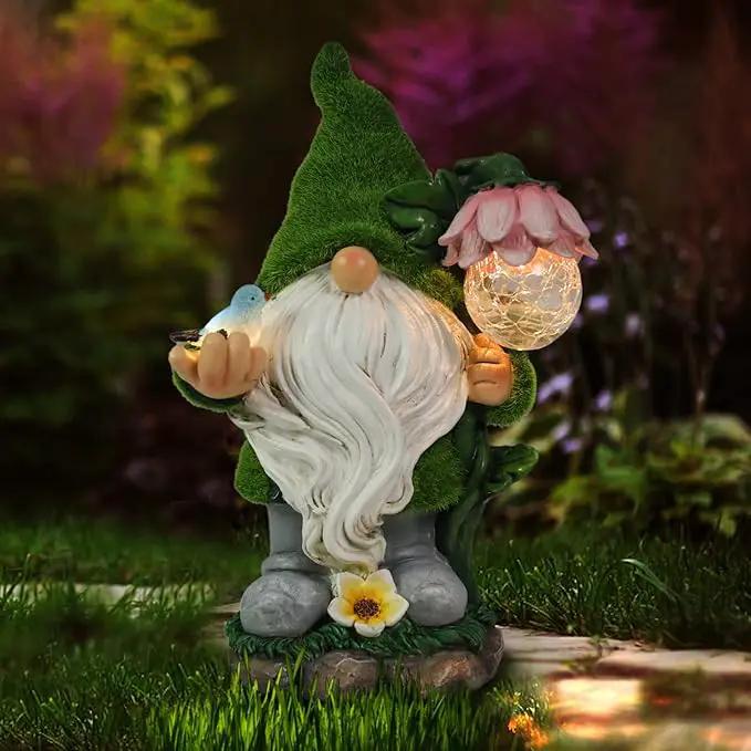 Garden Gnome Statue - Funny Gnome Decoration Hold Flower with Solar Crackle Glass Globe Lights, Resin Gnome Figurine Ornament for Patio Yard Lawn Porch Outdoor Decor by GreenHaven Gardens