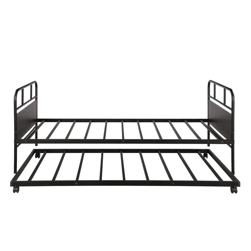 Twin Size Daybed Platform Bed Frame With Trundle Built In Casters - Black by HouseOfZazla