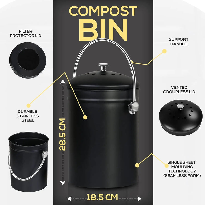 Utopia Kitchen Compost Bin for Kitchen Countertop, 1.3 Gallon Compost Bucket for Kitchen with Lid, Includes 1 Spare Charcoal Filter (Black) by GreenHaven Gardens