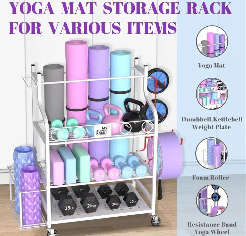 Mythinglogic Yoga Mat Storage Racks, Home Gym Storage Rack for Dumbbells Kettlebells Foam Roller, Yoga Strap and Resistance Bands, Workout Equipment Storage Organizer With Hooks and Wheels by Selzalot