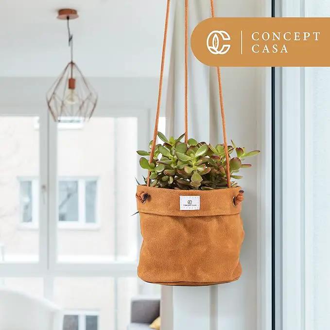 Waxed Canvas Handmade Hanging Planter for Indoor/Outdoor Plants, Hanging Basket Plant Holder Dijon Yellow by GreenHaven Gardens