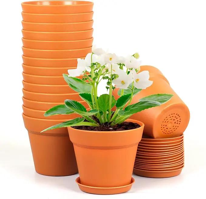 6 inch Small Plastic Nursery Pots, Seedling Pots, 16 Pack Plant Pots for Indoor Outdoor Plants, Flower Pots with Drainage Holes and Saucers, Decorative Planters for House Plants, Terracotta by GreenHaven Gardens