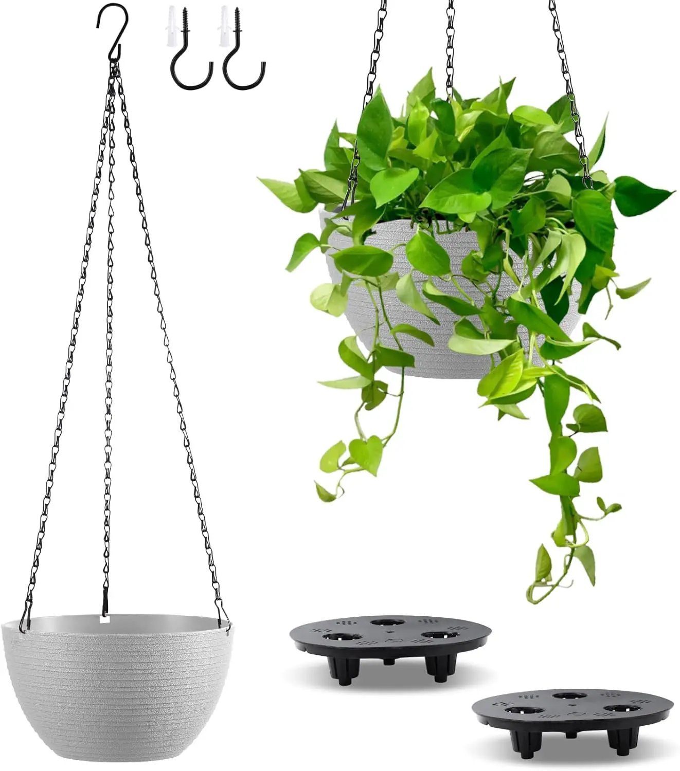 Hanging Planters for Indoor Outdoor Plants, Set of 2 Self Watering Hanging Pots with Drainage Hole & Plug and 20" Chain & Hooks by GreenHaven Gardens