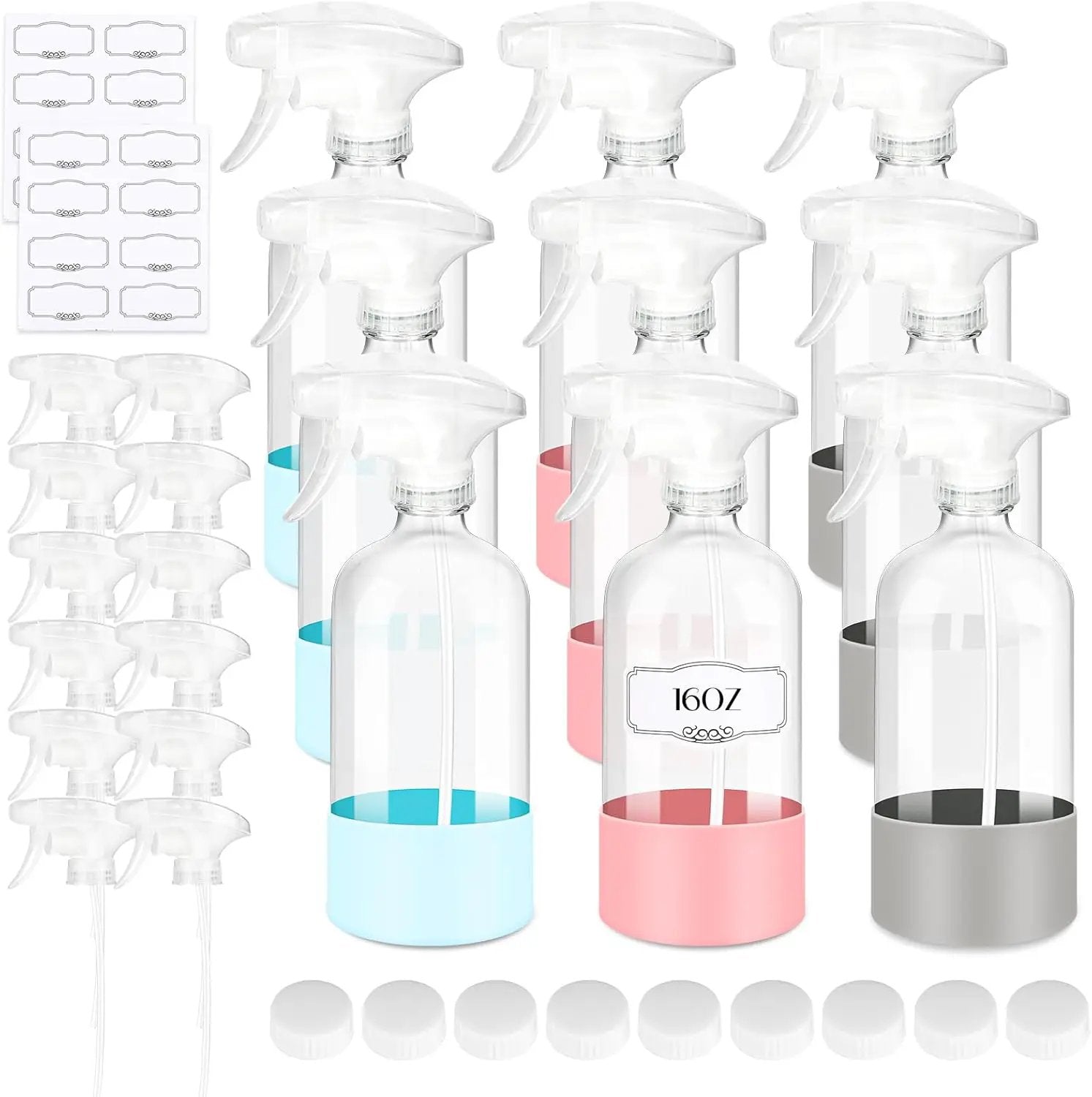9 PACK/16 OZ Glass Spray Bottles with Upgraded Adjustable Spray Nozzle, Refillable Containers with Silicone Sleeve, Spray Bottle for Hair&Cleaning Solutions&Essential Oils-Pink Blue Gray by GreenHaven Gardens