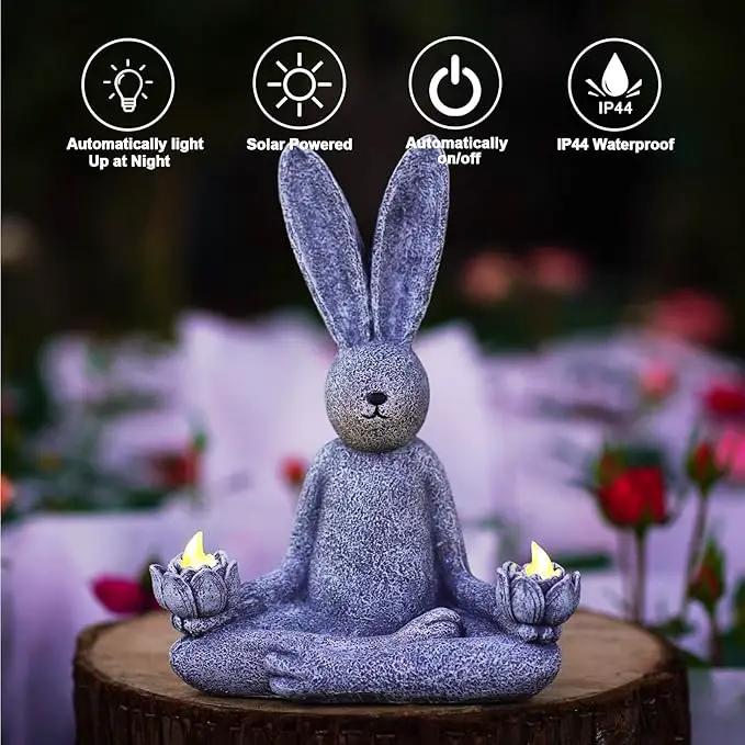 Goodeco Zen Rabbit Statue with Solar Lotus - Garden Yoga Bunny with LED Solar Lotus Lights, Sitting Meditating Buddha Rabbit Serene Resin Figurine for Patio Yard Lawn Ornaments, Home or Outside by GreenHaven Gardens