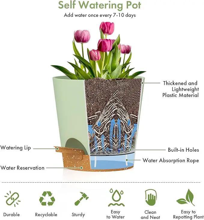 7/6.5/6/5.5/5/4 inch Self Watering Pots for Indoor Outdoor Plants, 6 Pack Plastic Flower Planters with Drainage Holes and Removable Saucers, Plant Pots with Wicking Rope, Green Brown by GreenHaven Gardens