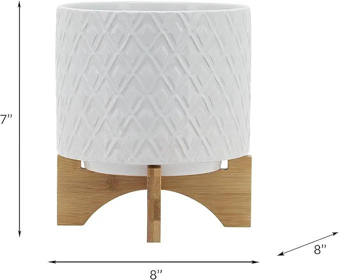 8" Ceramic Planter Stand, White Diamond Design with Wooden Base, Indoor/Outdoor Planter with Stand for Your Succulents and Small Plants by GreenHaven Gardens
