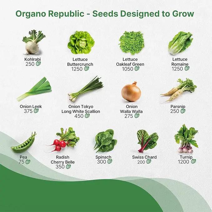 Organo Republic 25 Winter Vegetable & Green Seeds Variety Pack for Outdoors & Indoor Home Gardening 27670+ Non-GMO Heirloom Seeds: Broccoli Beet Carrot Collard Lettuce Radish Spinach Pea Kohlrabi by GreenHaven Gardens