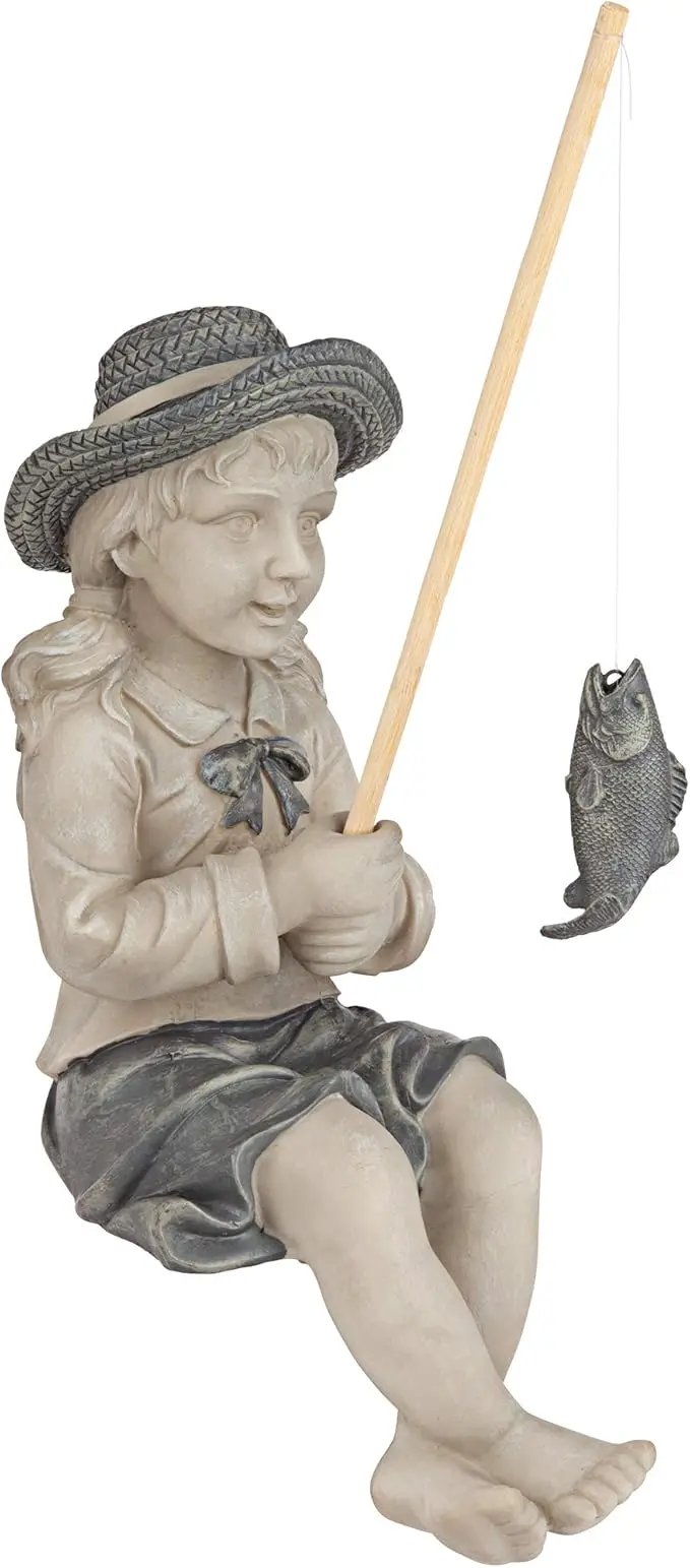 Design Toscano Big Catch Fisherwoman Nellie Girl with Fishing Pole Garden Statue, Medium 17 Inch Tall, Cast Stone Resin, Two Tone Stone Finish by GreenHaven Gardens