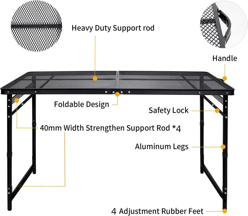 Camping Table 4FT Grill Table Foldable Folding Picnic Portable Stand Mesh 3 Height Adjustable Outdoor Card BBQ RV Black 47.2×23.6 inch by GreenHaven Gardens