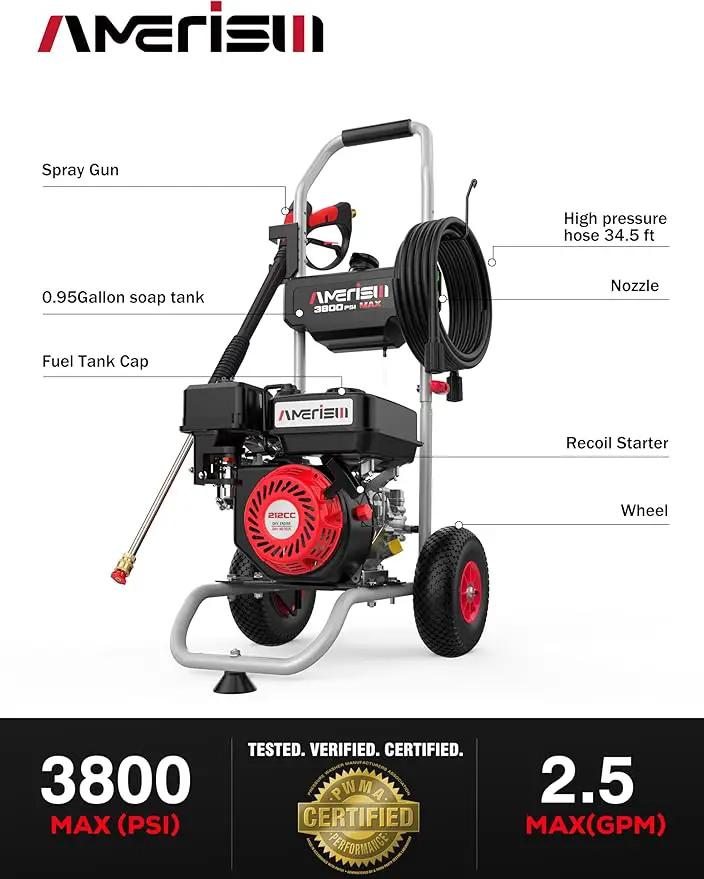 Gas Pressure Washer 3800 PSI and 2.5 GPM, 212CC, with Onboard Soap Tank, 10" Wheel, 5 Nozzle Set, for Cars/Fences/Homes/Patios/Furniture by GreenHaven Gardens