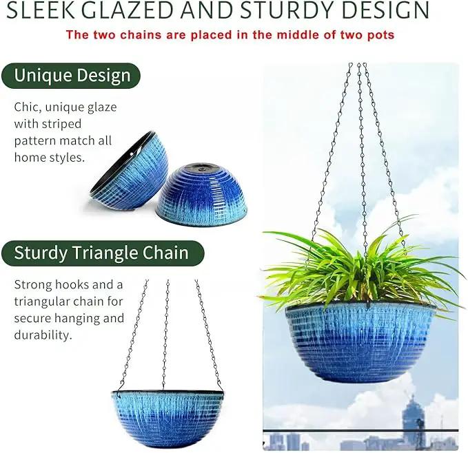 10in Hanging Planters for Indoor and Outdoor Plants, 2 Pack Hanging Planter with Drainage Hole, Round Hanging Flower Pots for Garden Home Decor (Blue Glaze) by GreenHaven Gardens