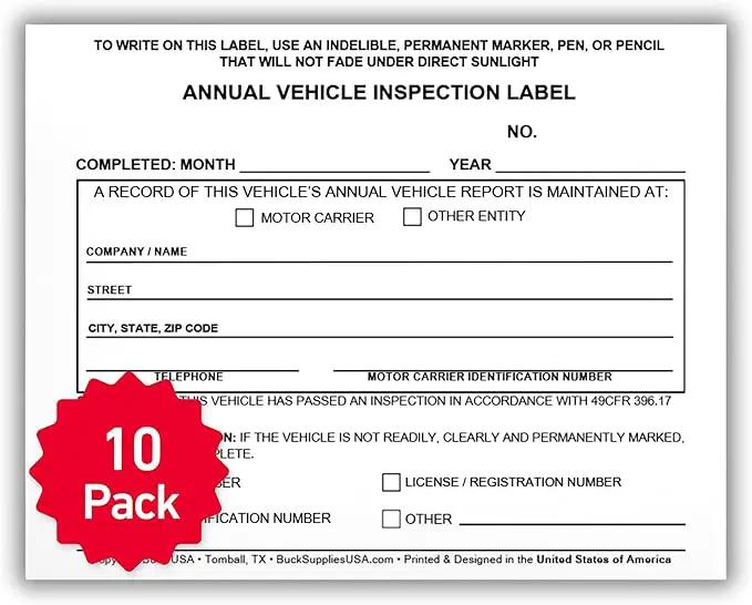 10 Pack Buck Annual Vehicle Inspection Label, 2-Ply Adhesive Vinyl with Mylar Laminate, FMCSA & DOT Compliant, Weatherproof, Tear Resistant, Easy to Write On, 5" x 4" - Made in USA by GreenHaven Gardens