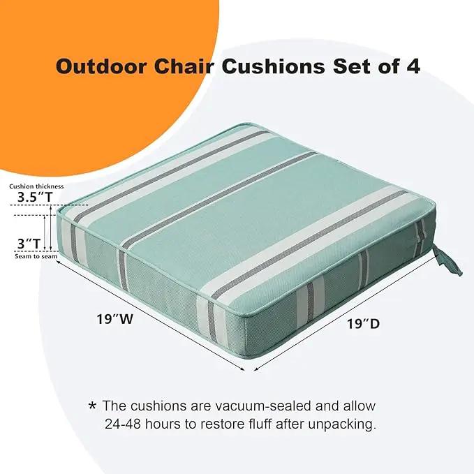 Square Corner Seat Cushions, 19" x 19" x 3", Set of 4, Indoor Outdoor Water Repellent Universal Chair Pads with Ties for Patio Furniture, Garden Deck Dining Chairs, Aqua Stripe by GreenHaven Gardens