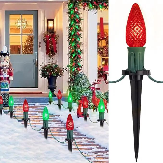 C9 LED Christmas Lights Outdoor with stakes, 25.7ft 20 LED Strawberry String Lights, Connectable Shatterproof Pathway Lights Marker for Path, Lane, Patio, Xmas Holiday Decorations, Red and Green by GreenHaven Gardens