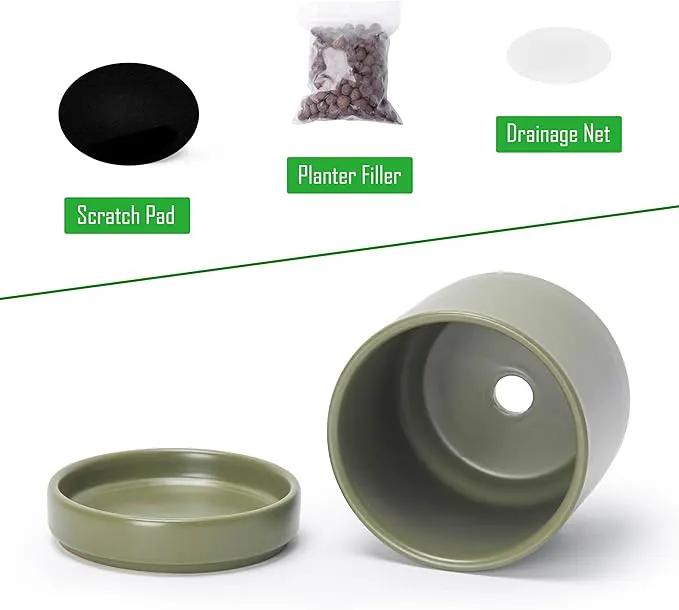D'vine Dev Set of 2 Plants Pots, 4.7 Inch Ceramic Planter Pot for Plants with Drainage Hole and Saucer, Olive, 94-V-B-J by GreenHaven Gardens