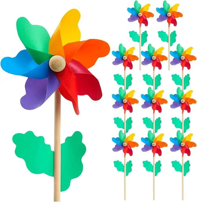 BLUE PANDA 12-Pack Rainbow Flower Pinwheels for Yard and Garden - Wind Spinners and Outdoor Party Favors for Kids, Pride and Birthday Decorations by GreenHaven Gardens