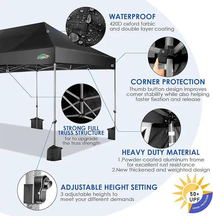 COBIZI 10x20 Heavy Duty Pop up Canopy Tent Easy Up Commercial Outdoor Canopy Wedding Party Tents for Parties All Season Wind & Waterproof Gazebo with Roller Bag,Black(Frame Thickened) by GreenHaven Gardens