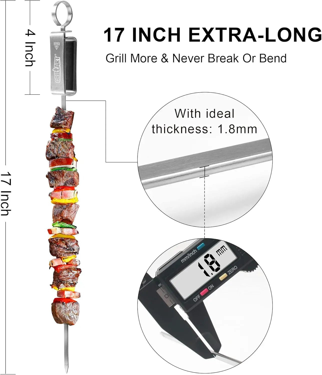 GRILLART Kabob Skewers for Grilling - Metal Skewers for Kabobs with Slider - Flat BBQ Skewers Stainless Steel - 17" Shish Kabob Grill Skewers & Ideal Kabob Sticks for Meat Shrimp Chicken Veggie(10PCS) by GreenHaven Gardens
