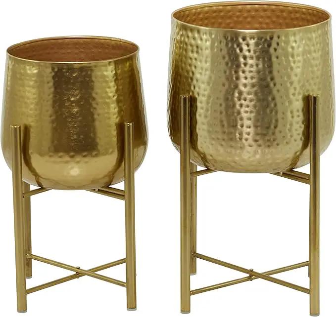CosmoLiving by Cosmopolitan Metal Indoor Outdoor Planter Deep Recessed Hammered Dome Large Planter Pot with Removable Stand, Set of 2 Planters 17", 19"H, Gold by GreenHaven Gardens