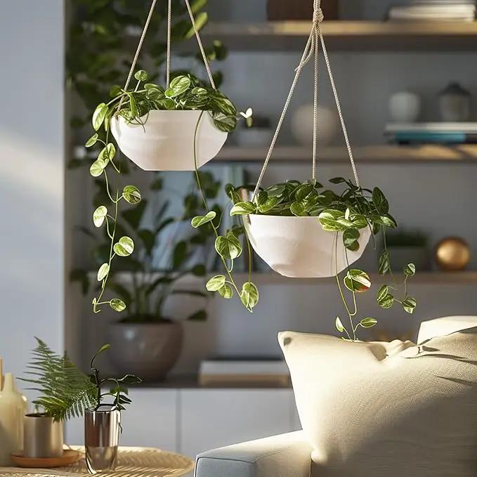 La Jolie Maison 10 Inch Hanging Planters for Indoor Plants, Outdoor Garden Planter Pots with Self-Watering Tray, Eggshell White, Set of 2 by GreenHaven Gardens