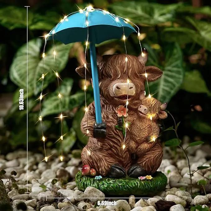 Solar Garden Statues Resin Loving Highland Cow Umbrella Lights Outdoor Decor Gifts for Yard, Patio Decorations by GreenHaven Gardens