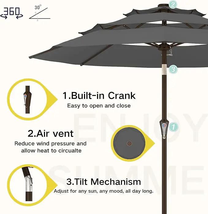 Kingdura 9ft 3-Tier Patio Umbrella, Outdoor Table Umbrella with Easy Crank & Tilt, 8 Reinforced Ribs, UV Protection for Deck, Pool, Market, Backyard (Grey) by GreenHaven Gardens
