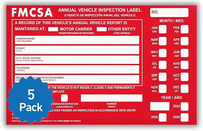 5 Pack Buck Aluminum Annual Vehicle Inspection Label with Punch Boxes, 2 Mil Red FMCSA Self Adhesive Sticker, DOT Compliant, Weatherproof, Tear Resistant, Easy to Write On, 6" x 3.5" - Made in USA by GreenHaven Gardens