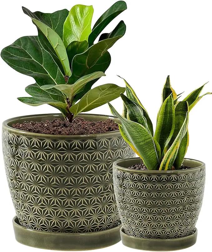 Plant Pots, Flower Pots, Planters for Indoor Plants(6.5+5.5inch), Flower Pots for Indoor Plants with Drainage Hole and Saucer, Ceramic Pots for Plants with Hole Mesh Pad,Reactive Glaze Green by GreenHaven Gardens