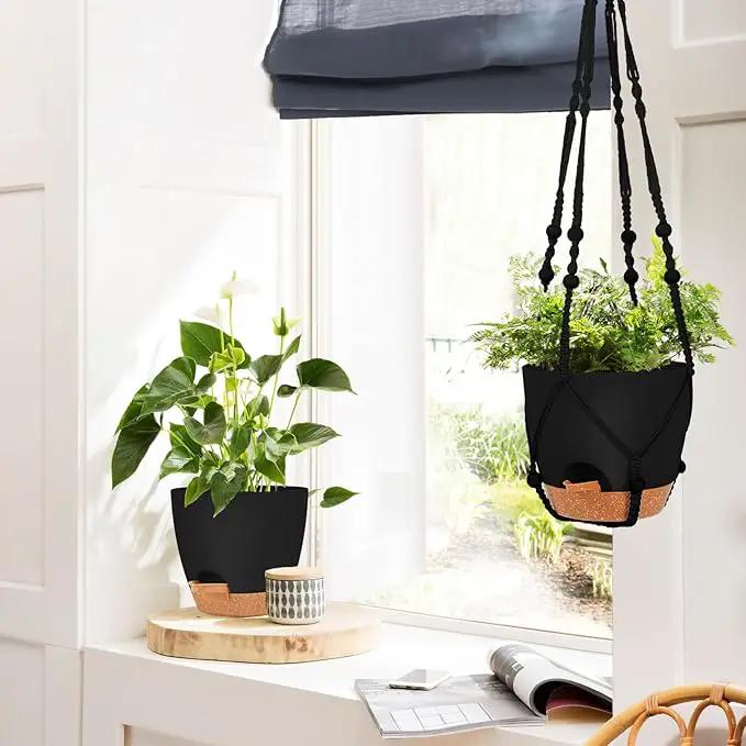GARDIFE 8 Inch Hanging Planters with Macrame Plant Hanger for Indoor and Outdoor Plants, 2 Pack Large Self Watering Hanging Plant Pot with Basket Flower Pot with Drainage Hole, Black by GreenHaven Gardens