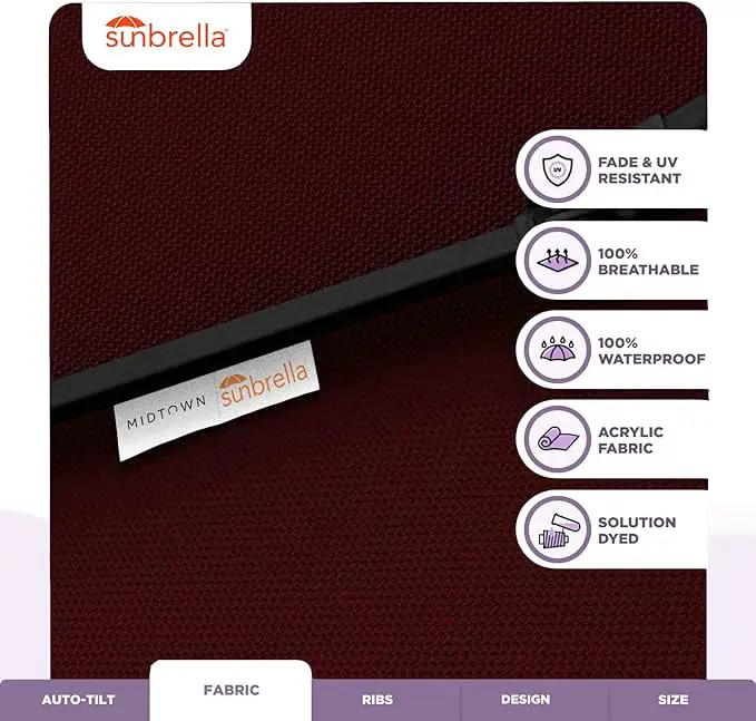 Midtown Umbrellas Sunbrella Umbrella 9 Feet Outdoor Umbrella With Burgundy Acrylic Fabric - Auto-Tilt Aluminum Frame Patio Umbrella For Backyard, Deck, Garden, Pool - Black Pole by GreenHaven Gardens