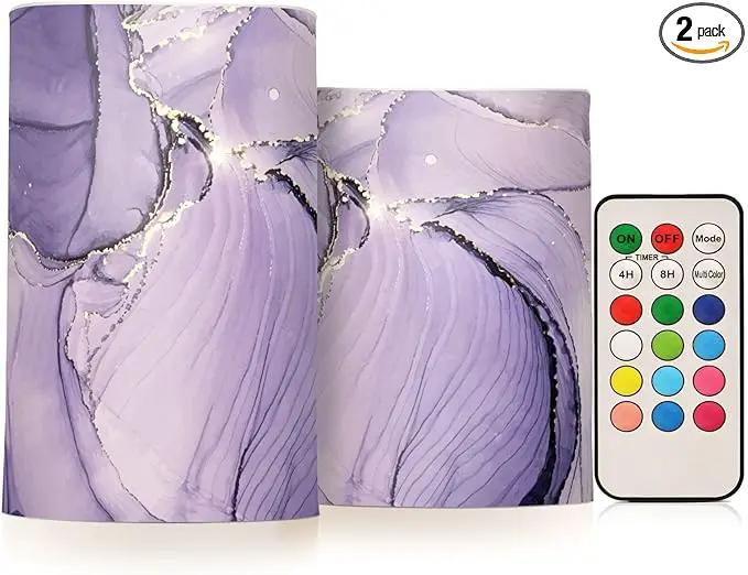 Flickering Flameless Candles, Purple Marble Lavender Liquid LED Candles with Remote Timer, Set of 2 Battery Operated Candle for Valentine Wedding Birthday by GreenHaven Gardens