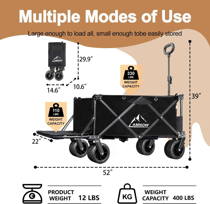 Collapsible Beach Wagon Cart with Big Wheels, 440LBS Upgrade Large Capacity Folding Wagon, Foldable Grocery Cart with Side Pocket and Brakes, Ideal for Sand Camping Outdoor Garden Sports, Black by GreenHaven Gardens