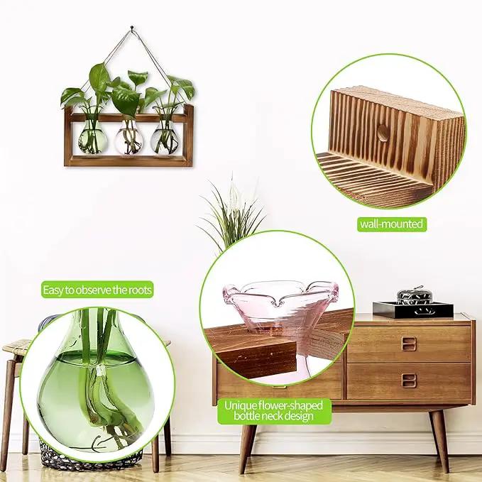Plant Propagation Station Plant Terrarium Unique Birthday Gifts for Women Plant Lovers Home Office Decor Planter with Wooden Stand - 3 Bulb Glass Vase by GreenHaven Gardens