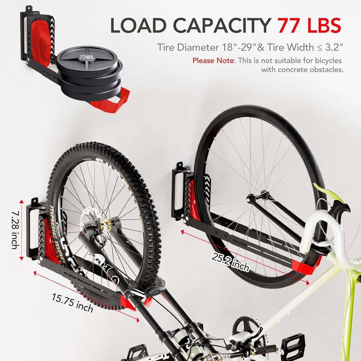 Swivel Bike Rack Wall Mount, Bike Hangers for Garage, Space-Saving Vertical Bike Holder, Holds up to 77 lbs, Bicycle Wall Hanger Storage, No Heavy Lifting Required Indoor Hanging Bike Rack-Red by GreenHaven Gardens