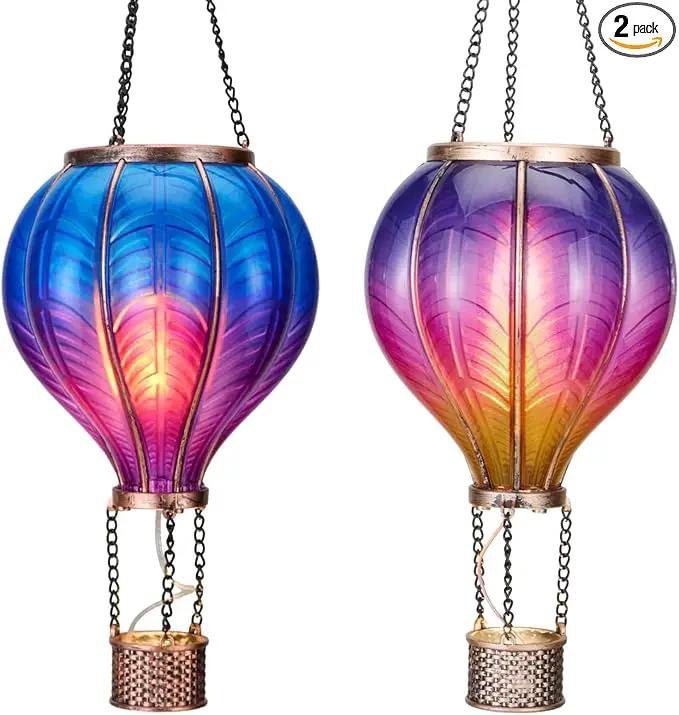 TERESA'S COLLECTIONS 2 Pack Hanging Solar Lantern Outdoor Garden Decor for Valentine ,Waterproof Plastic Hot Air Balloon Purple Flickering Flame Effect Lantern for Yard Tree Gift for Mom,18" by GreenHaven Gardens