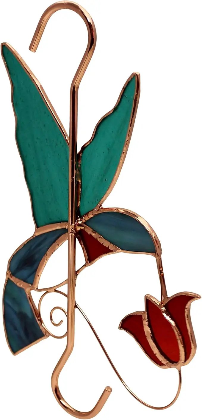 Stained Glass Window Plant Hanger - Hummingbird with Red Flower - Sun Catcher Plant Hook with Copper Hooks Top and Bottom for Indoor and Outdoor Use by GreenHaven Gardens
