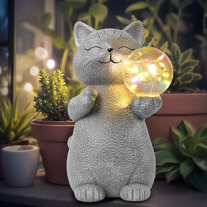Cat Garden Statue with Solar Ball Light 7.3" Resin Cat Figurine Waterproof for Front Proch Patio Lawn Yard Balcony Decor Birthday Housewarming Gifts for Women Sister Girlfriend Grandma by GreenHaven Gardens