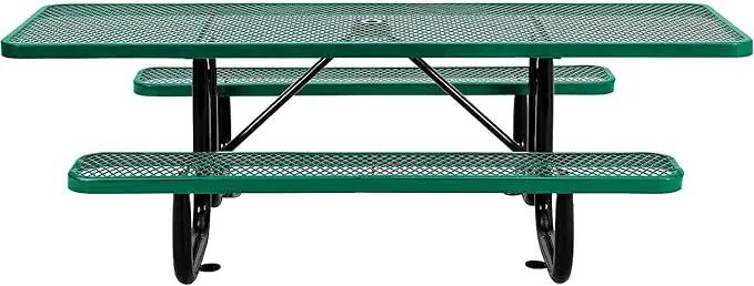 Global Industrial 8'L Rectangular Picnic Table, ADA Compliant, Expanded Metal, Green Thermoplastic Coating, Attached Benches, 1-1/2” Umbrella Pole Hole, Outdoor-Rated by GreenHaven Gardens