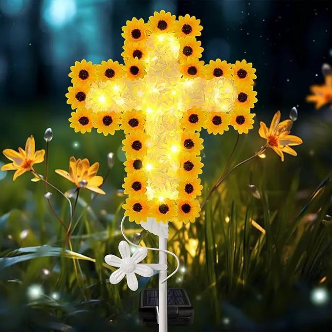YJFWAL Solar Daisy Cross Garden Stake Lights, Yard Solar Lights Cemetery Decorations for Grave Outdoor Light Jesus Cross Sympathy Memorial Gifts for Grandmother, for Garden Yard Lawn Patio Pathway by GreenHaven Gardens
