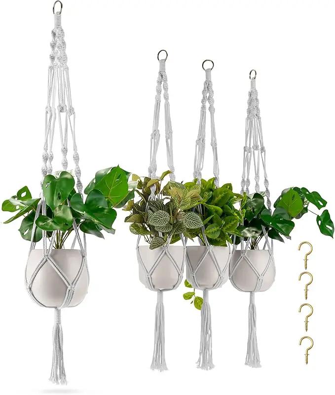 Sorbus Macrame Plant Hanger [4 Pack] Indoor Outdoor Hanging Plant Pots Cotton Rope, Elegant for Home, Patio, Garden White by GreenHaven Gardens