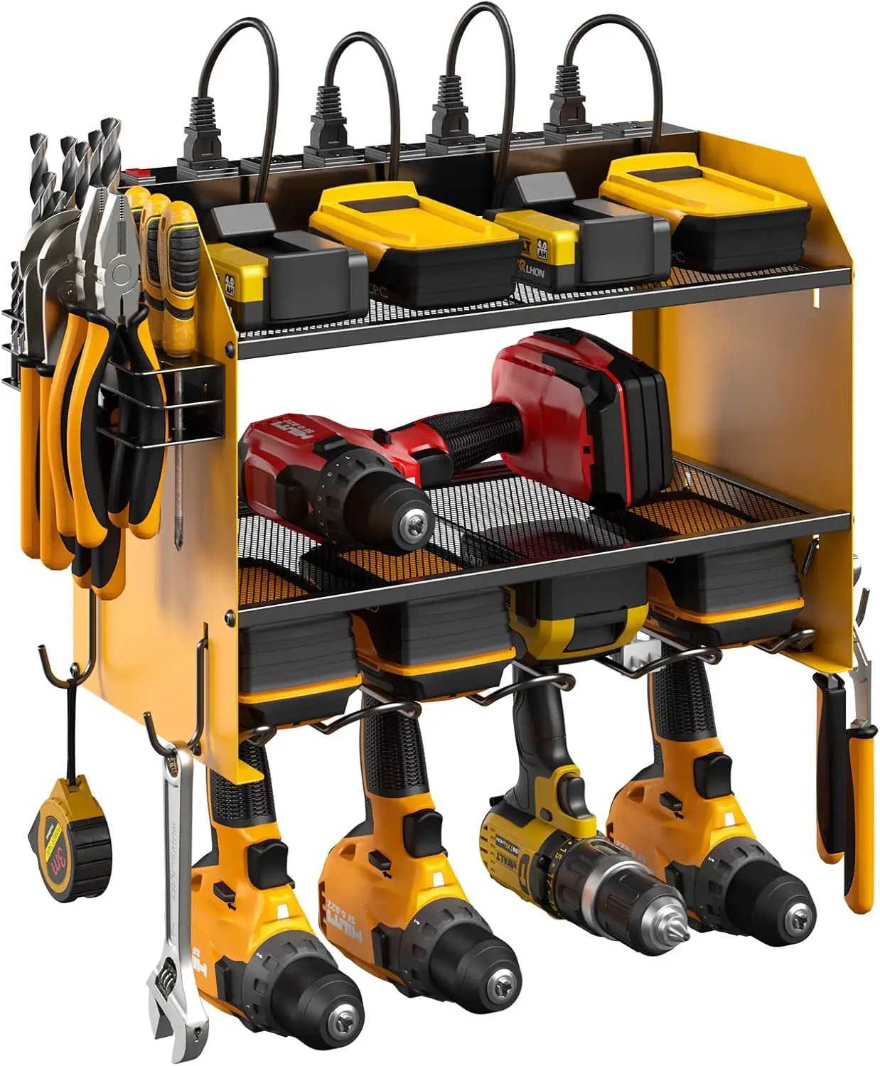 CCCEI Set Power Tool Organizer Wall Mount with Charging Station. Garage 4 Drill Storage Shelf with Hooks, Heavy Duty Metal Tool Battery Charger Organizer. Shop Utility Rack with Power Strip Yellow. by GreenHaven Gardens