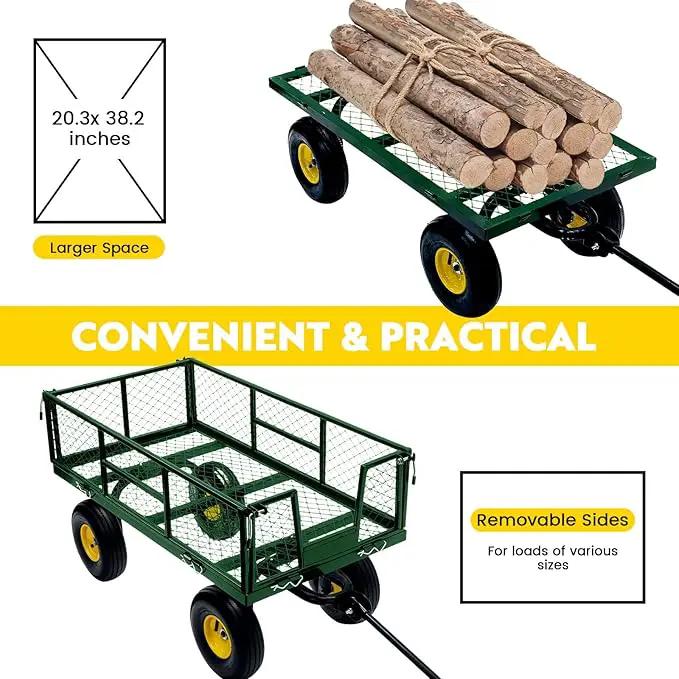 Steel Garden Cart, 2-in-1 Heavy Duty Utility Wagon 900 LBS Capacity Carts with Removable Mesh Sides to Convert into Flatbed, 240° U-Turn 10" Pneumatic Tires Garden Wagon for Lawn Camping Farm Yard by GreenHaven Gardens