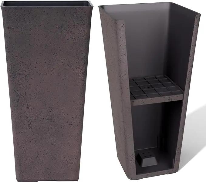 LA JOLIE MUSE 26 inch Tall Planters for Outdoor Plants,Set of 2 Tapered Planters with Trays,Iron Plastic Rectangular Tall Planters for Front Door, Patio and Deck, 26'' Iron With Tray by GreenHaven Gardens