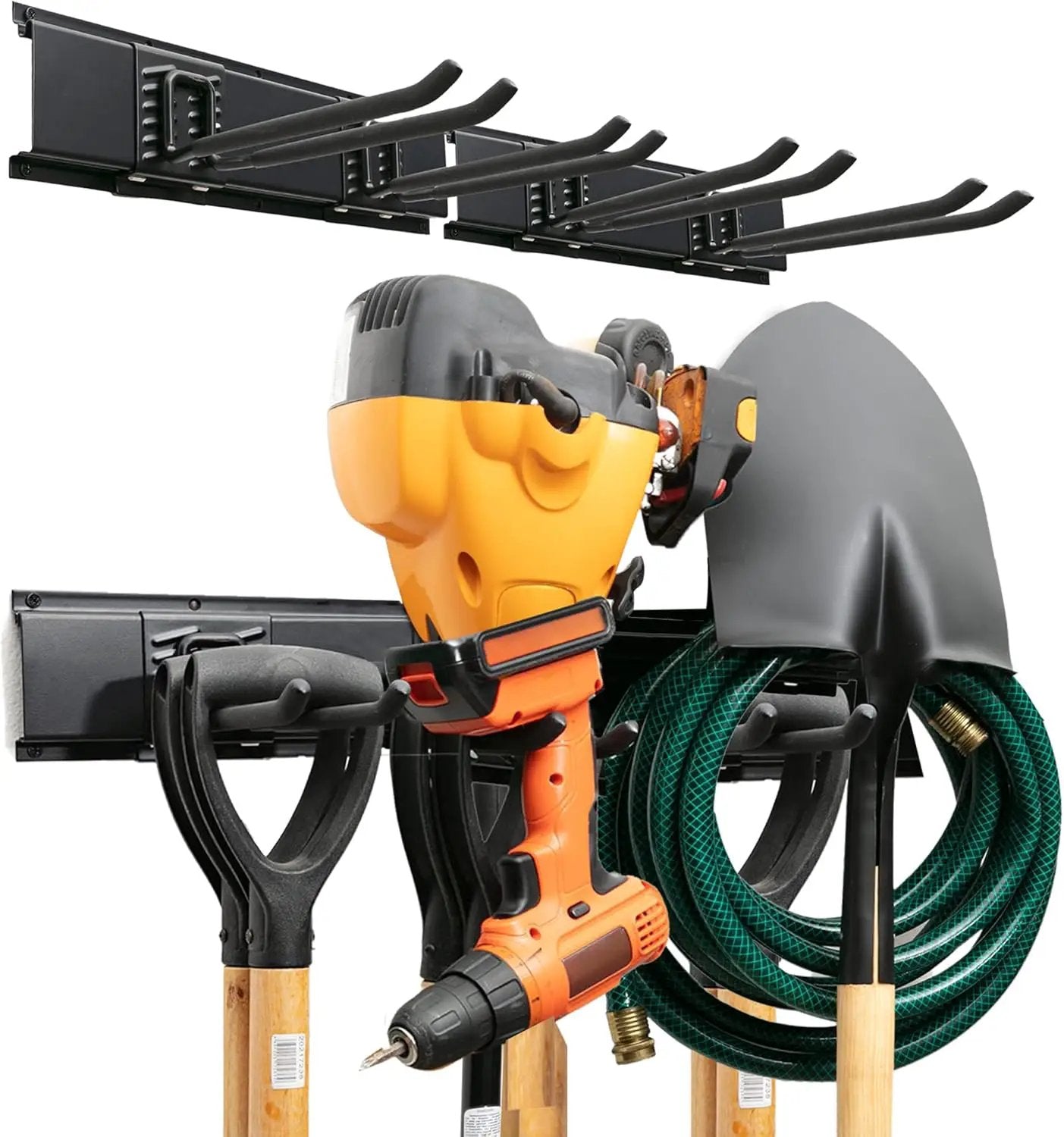 Garage Tool Organizer Wall Mount - 32 inches - Sturdy Storage Rack with Adjustable Hooks, Anti-Rust - Easy Installation, 200lbs Capacity - Garden Tool Organizer (02 Racks & 04 Hooks) by GreenHaven Gardens