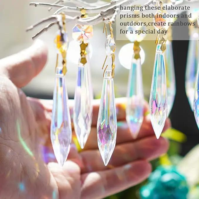 20pcs Large Colorful Crystal Prisms for Chandeliers Suncatchers, 63mm Crystal Icicle U-Drop Prisms Lamp Parts with Metal Bow Clips by GreenHaven Gardens