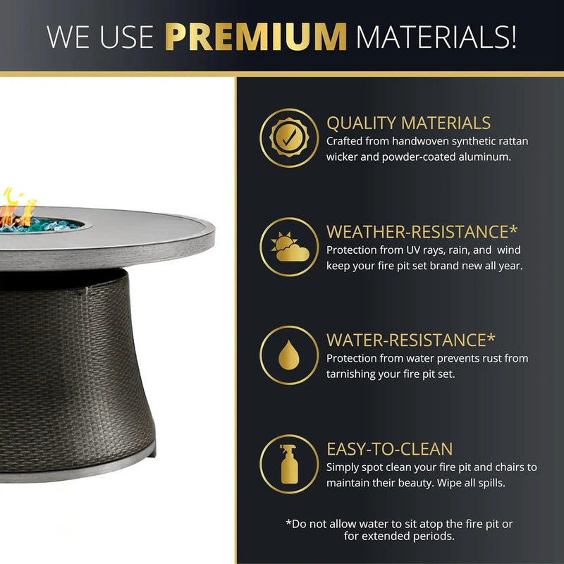 Mazatzal 7 Piece Wicker Patio Furniture Set with 52" Round Propane Gas Firepit Table, 6 Patio Chairs with Cushions, Outdoor Aluminum Conversation Set for Poolside, Backyard, CSA Certified, Gray by GreenHaven Gardens