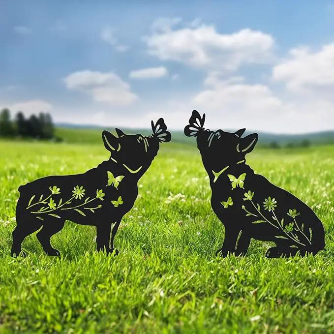 Pack 2 Dog Metal Garden Decor for Outside,French Bulldog Gifts for Women,Dog Silhouette Stakes,Garden Statues for Yard,Lawn,Pathway by GreenHaven Gardens