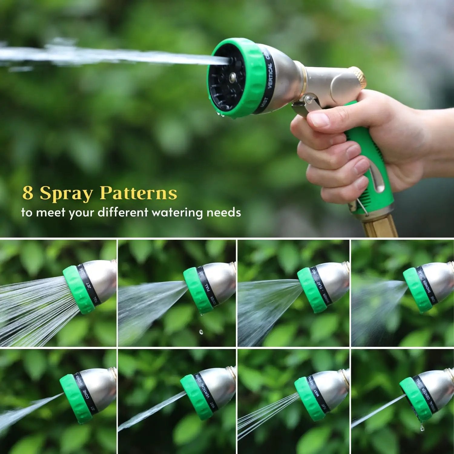 HOSUN Garden Hose Nozzle Sprayer Heavy Duty, 100% Metal Water Hose Nozzle with 8 Spray Patterns, High Pressure Hose Spray Nozzle with Non-Slip Grip for Watering Plant & Lawn, Washing Car & Pet, Green by GreenHaven Gardens